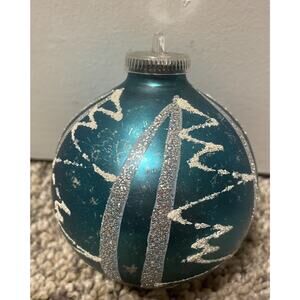 Vintage West Germany Blue Silver Glitter Glass Christmas Ornament Plastic Top